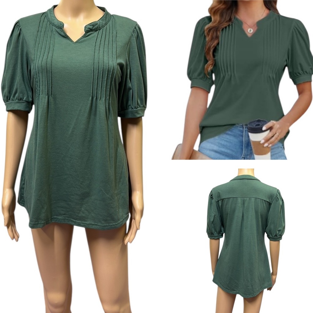 B Notched Split Neck Pleated Front Puff Short Sleeve Green Tee Top Shirt Medium